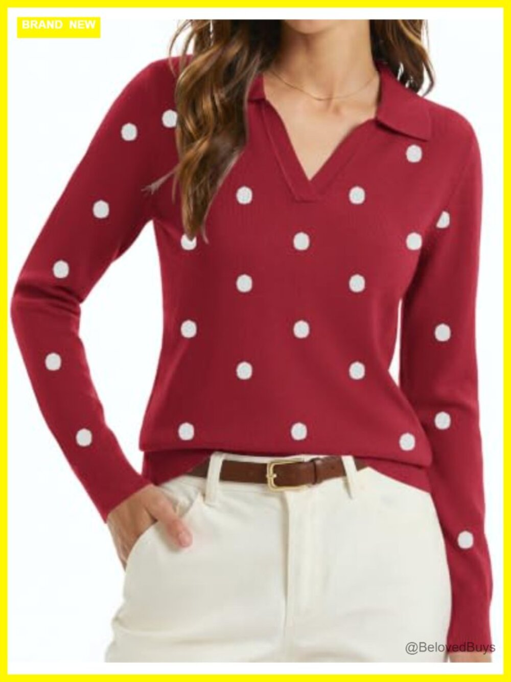 Womens Long Sleeve Polo V Neck Knit Sweater Business Casual Pullover
